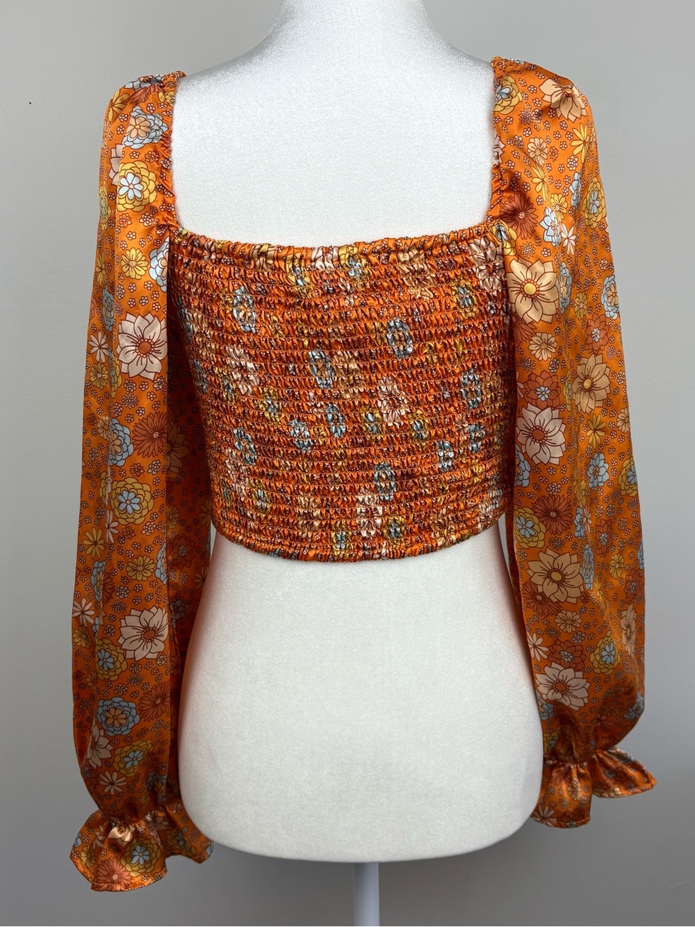 Rue21 Orange Floral Tie-Front Long Sleeve Crop Top Medium Like New Boho Chic - Picture 6 of 9
